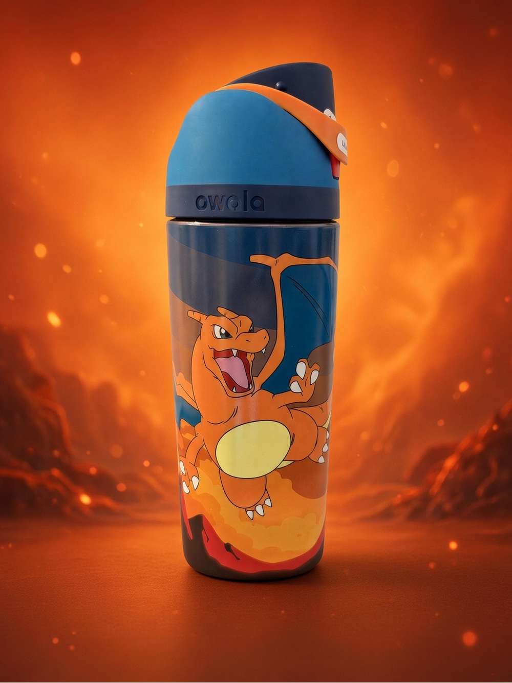 Owala X Pokémon stainless Steel Water Bottle with Charizard Design - Blue & Oran